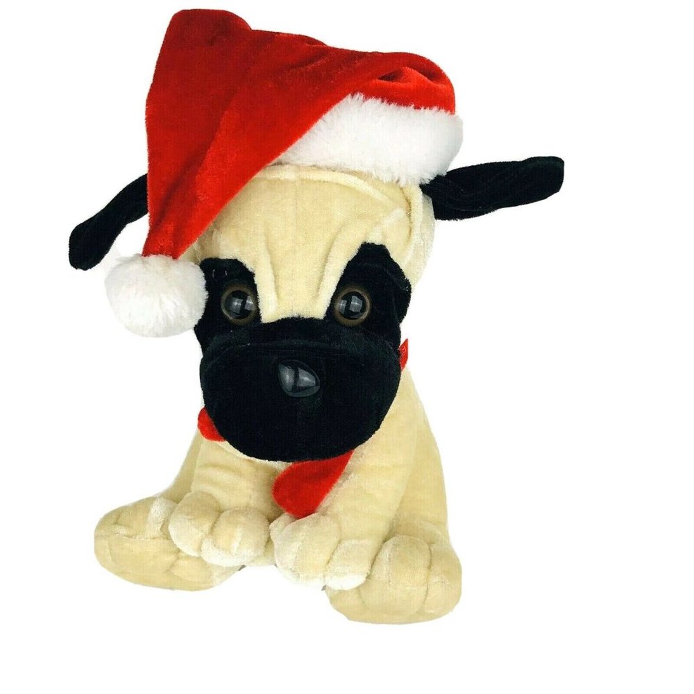 Ideal Toys Boxer Dog Plush 9" Brown White Santa Hat Christmas Holiday Stuffed